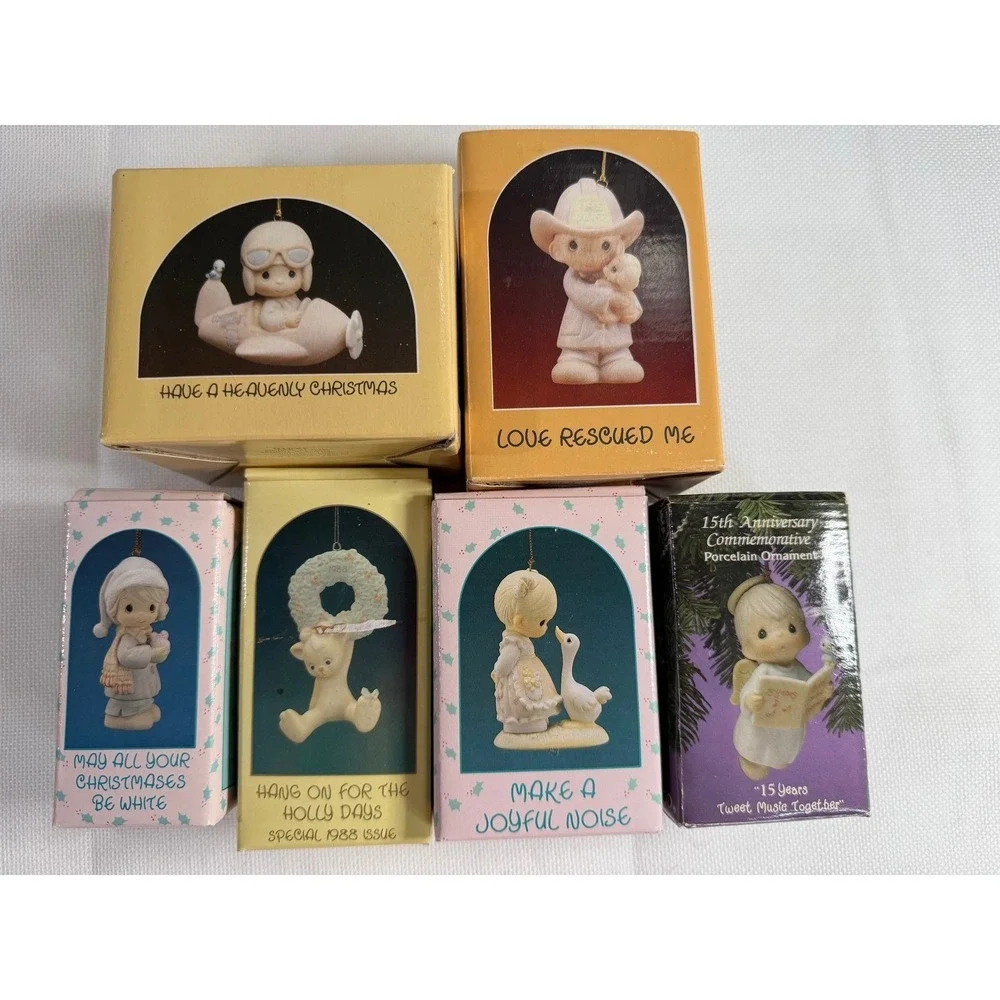 Precious Moments Christmas Ornament Lot of 6 Vintage Porcelain Figurines w Boxes